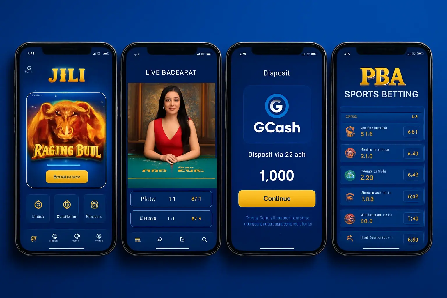 Multiple Android screens showing Philippine casino app, slots, baccarat, GCash deposit