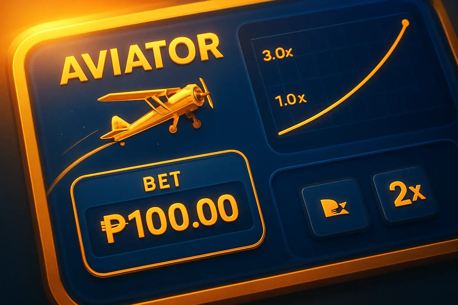 Aviator crash game UI with plane trajectory, multiplier graph, and PHP bets
