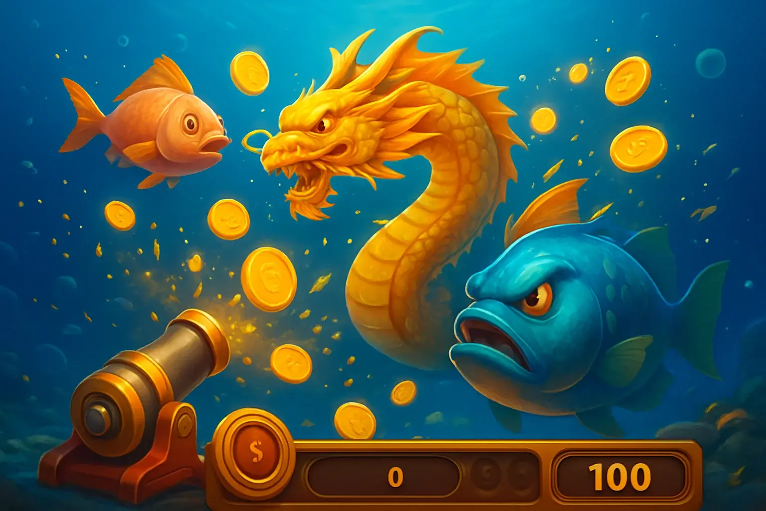 Vibrant Philippine casino fishing game with colorful fish and cannon UI