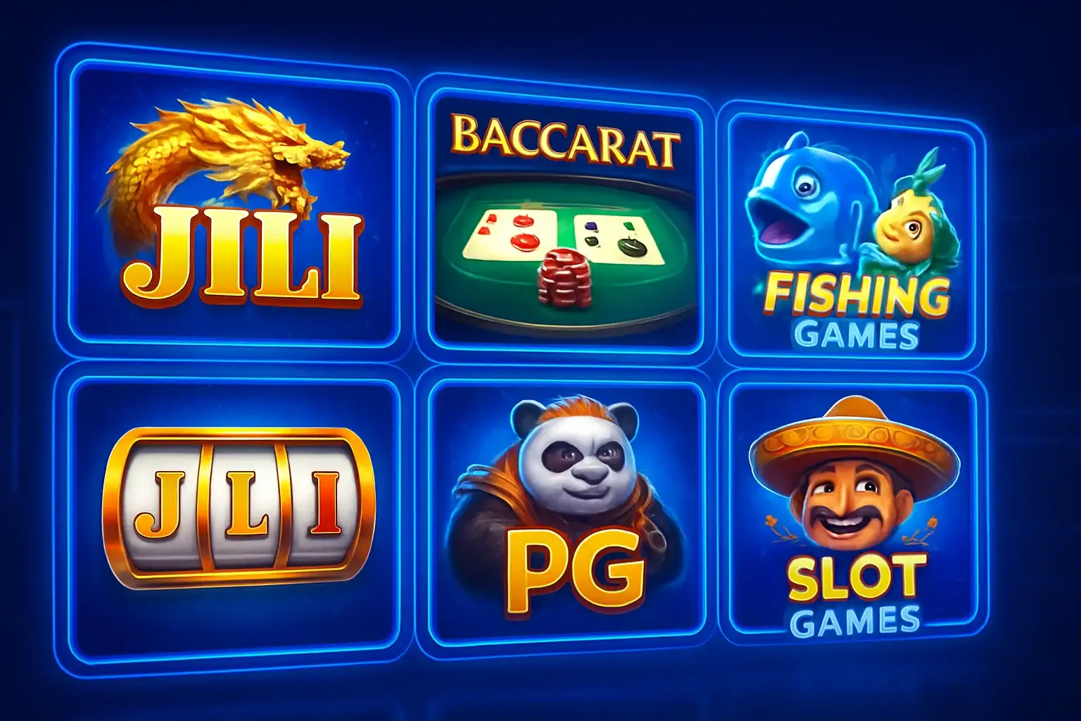 Colorful grid of Philippine casino game thumbnails with slots and baccarat