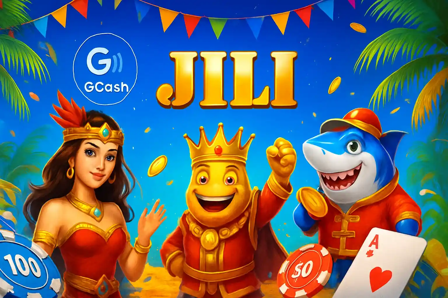 Vibrant Philippine online casino hero banner with JILI characters and GCash badge
