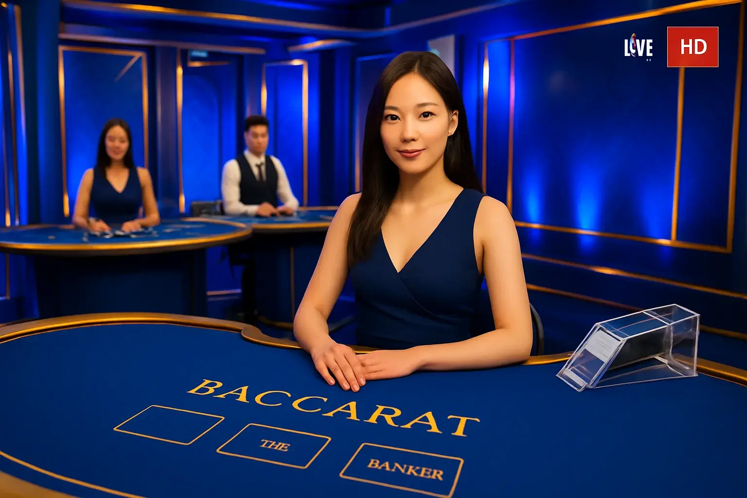 Elegant live casino studio with Asian dealers, baccarat and blackjack tables