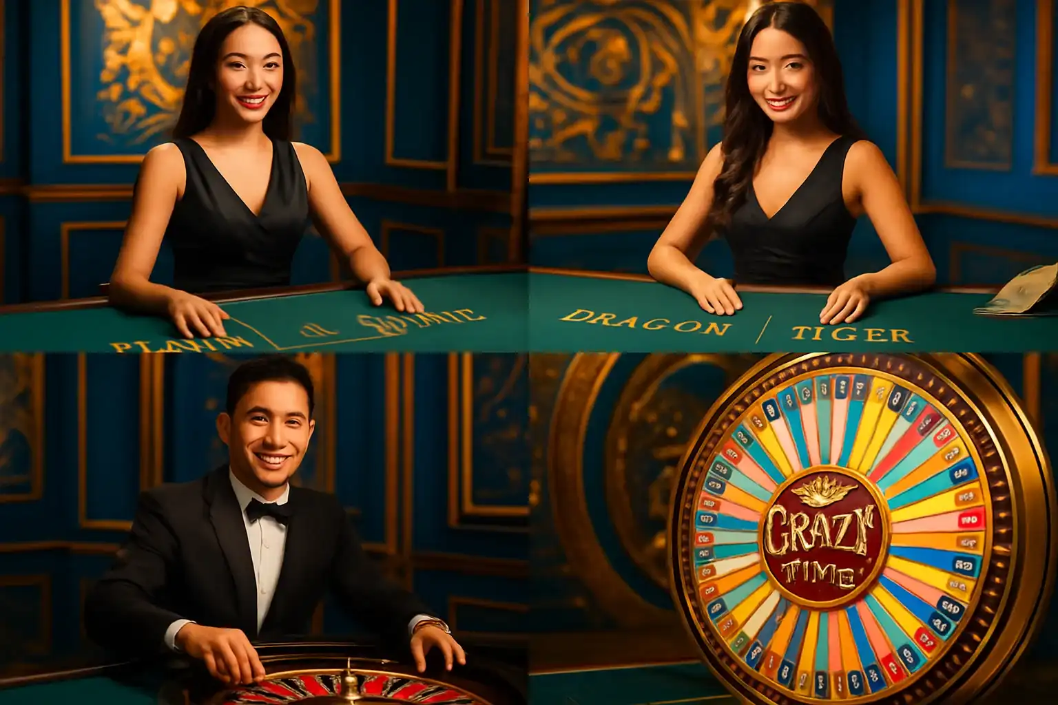 Live casino game cards with baccarat, roulette, Crazy Time, and dealers