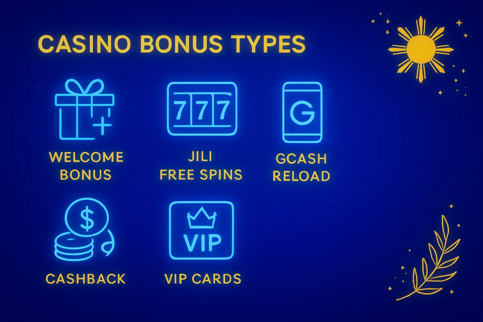 Welcome bonus, JILI free spins, GCash reload, cashback and VIP cards display