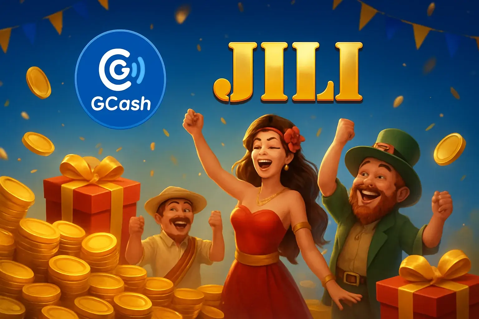 Philippine casino promotions banner with gold coins, gift boxes, GCash badge, JILI characters