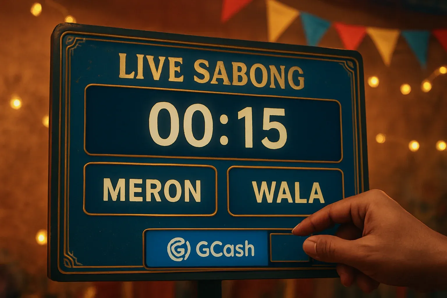 Live sabong countdown timer with Meron vs Wala betting panel and GCash badge