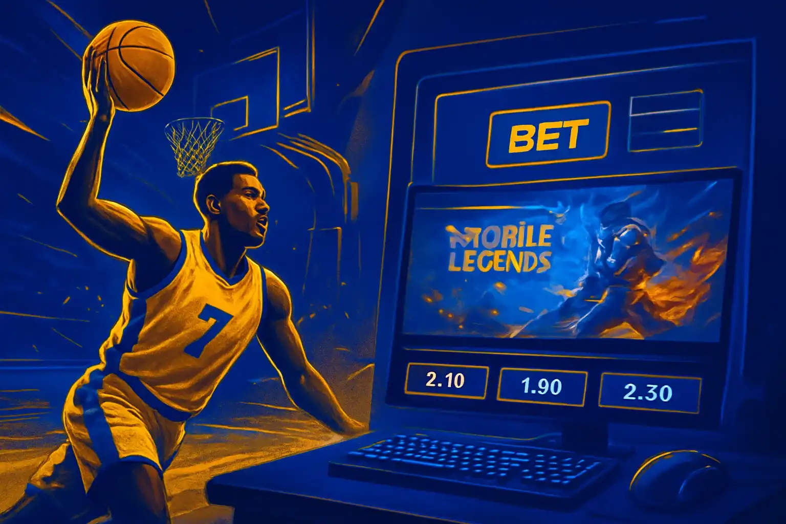 Dynamic Philippine sports betting banner with PBA action and Mobile Legends setup