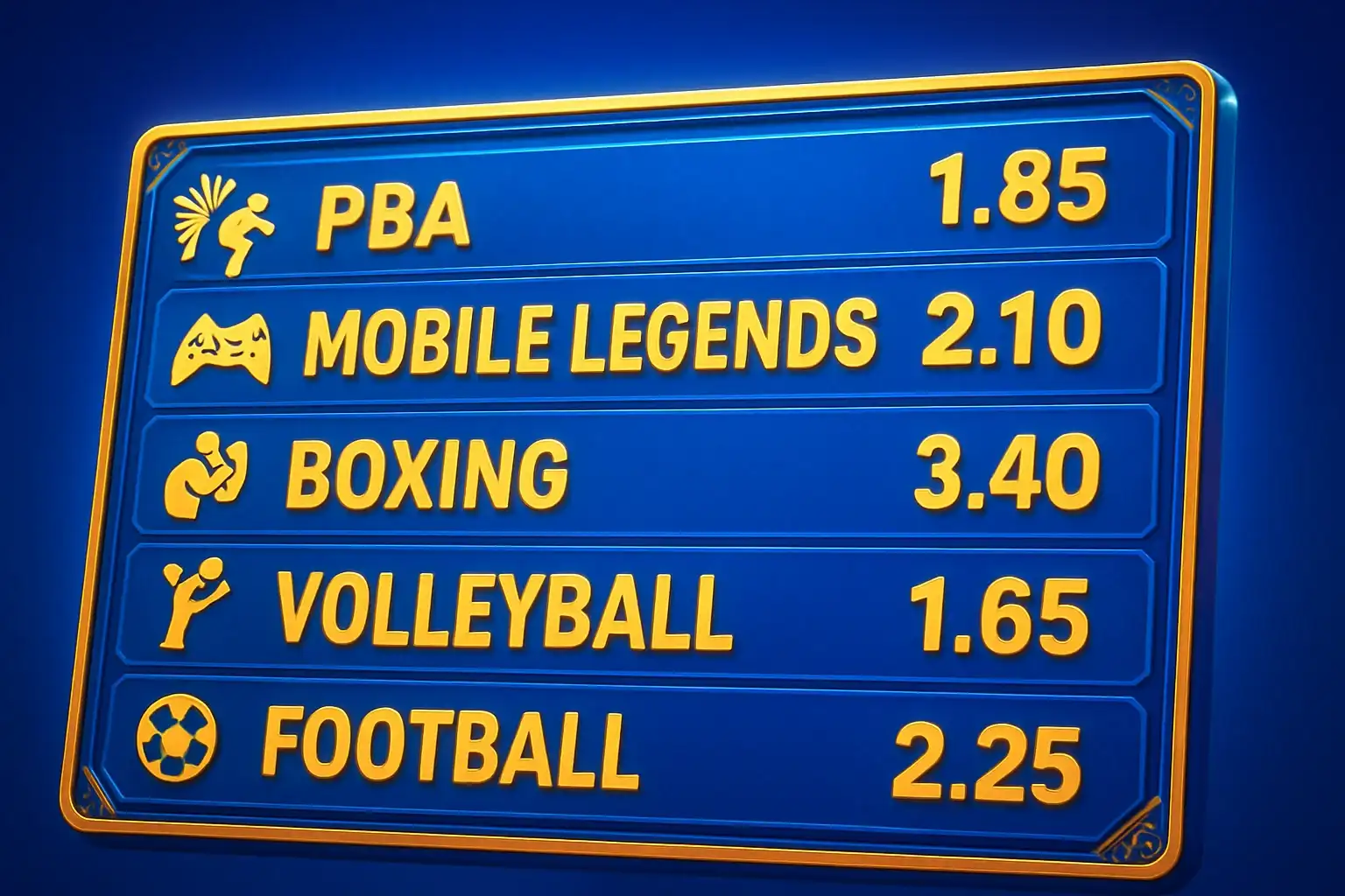 Sports betting markets with PBA, Mobile Legends, boxing, volleyball, football odds